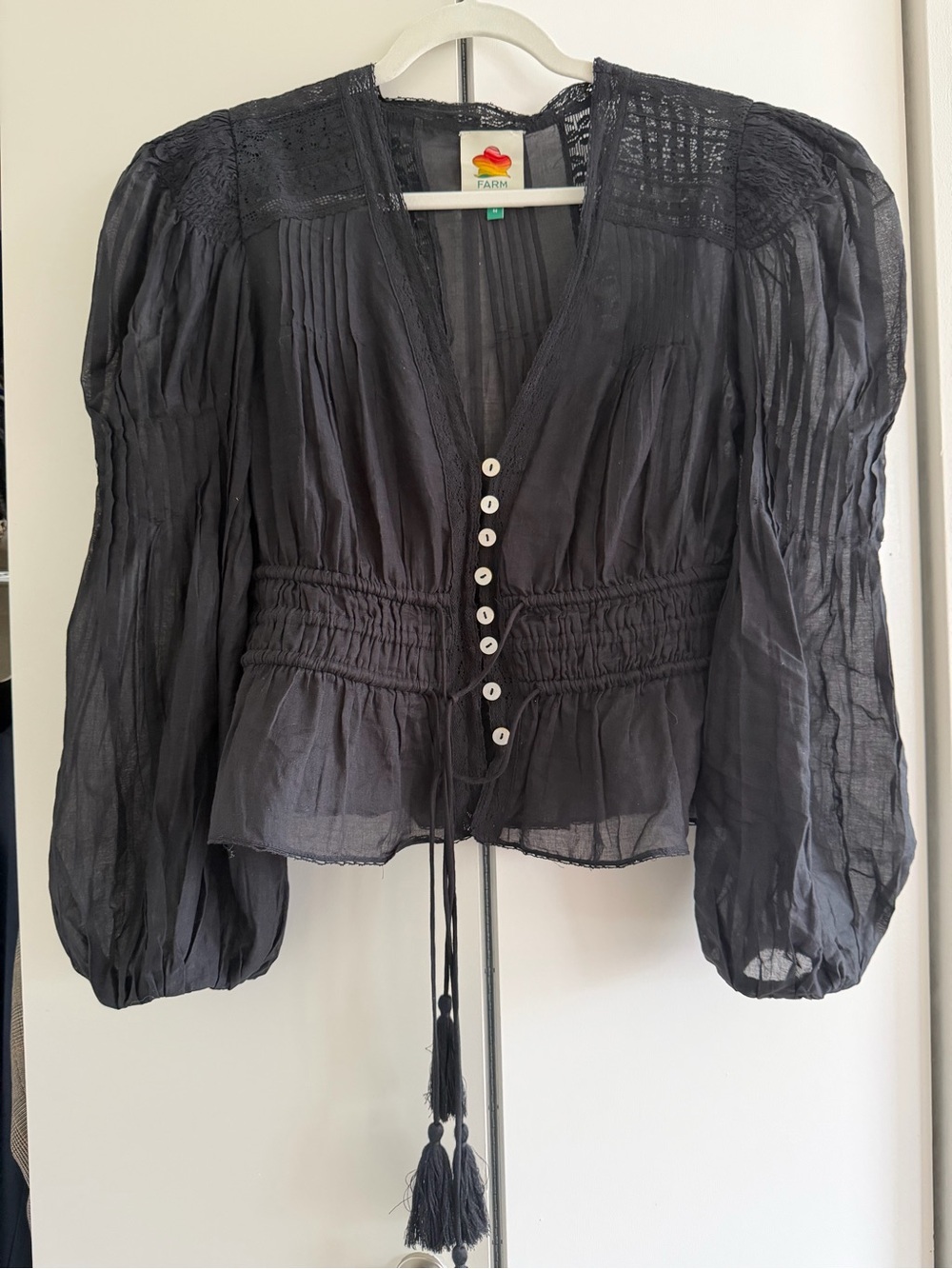 Farm in Rio Black Sheer Button-Front Peasant Top - Picture 1 of 6